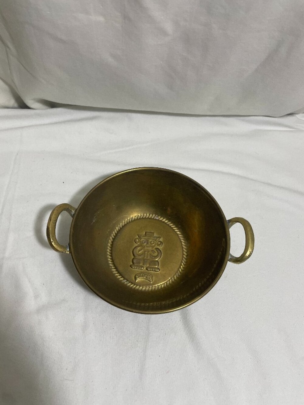 Vintage Colombia Brass Two Handle Bowl Pre-Columbian Tribal Figure 5.5”